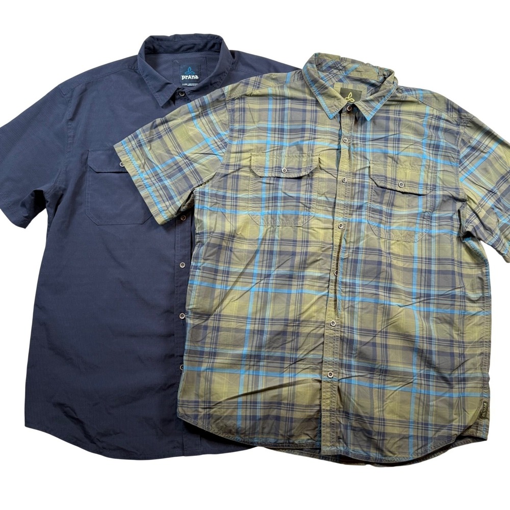 Prana Mens X-Large Short Sleeve Button Up Shirts Plaid Solid Lot of 2